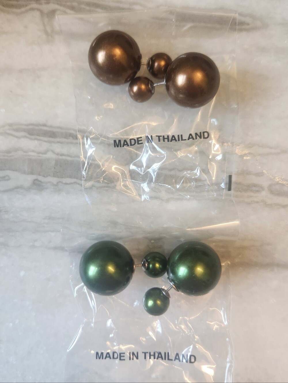 Double-Sided Pearl Stud Earrings - 2 Sets (Brown & Green), Sterling Silver,  NWT